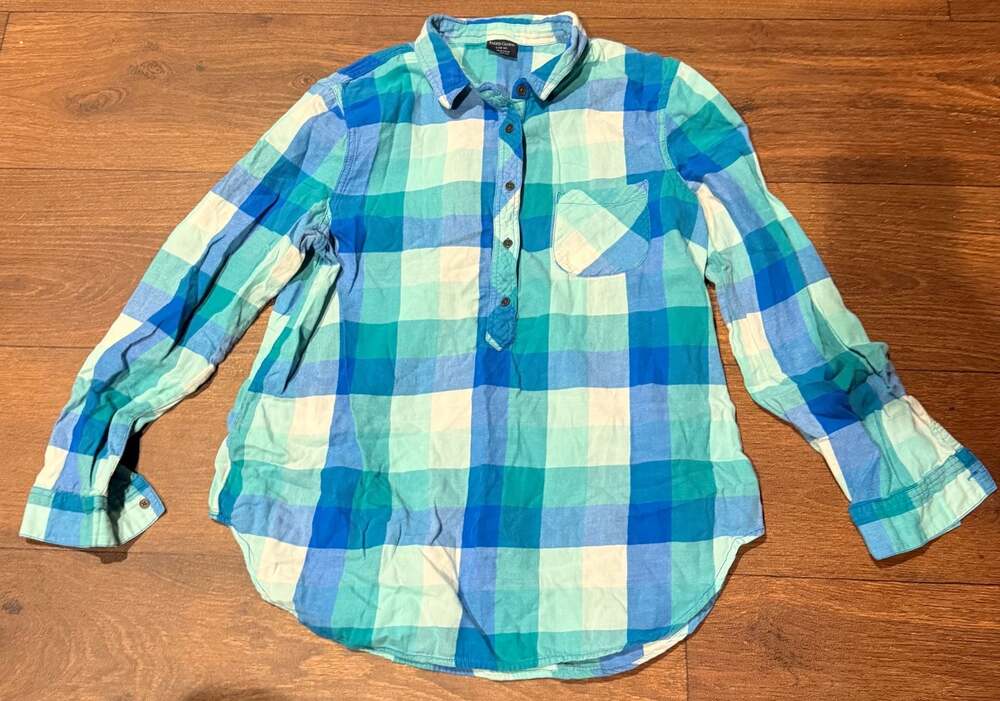 Faded Glory Girls Blue Checkered Long Sleeve Button Up Shirt Size L 12-14